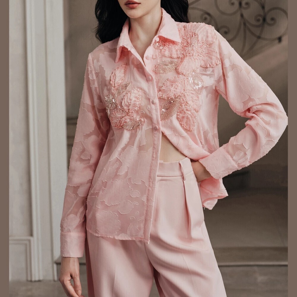 Pink Floral Jacquard Beaded Sequin Applique Button Front Shirt